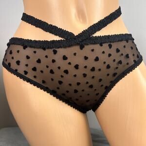 Victoria's Secret Black Heart Mesh Panties Size Medium Sheer Strappy Strap